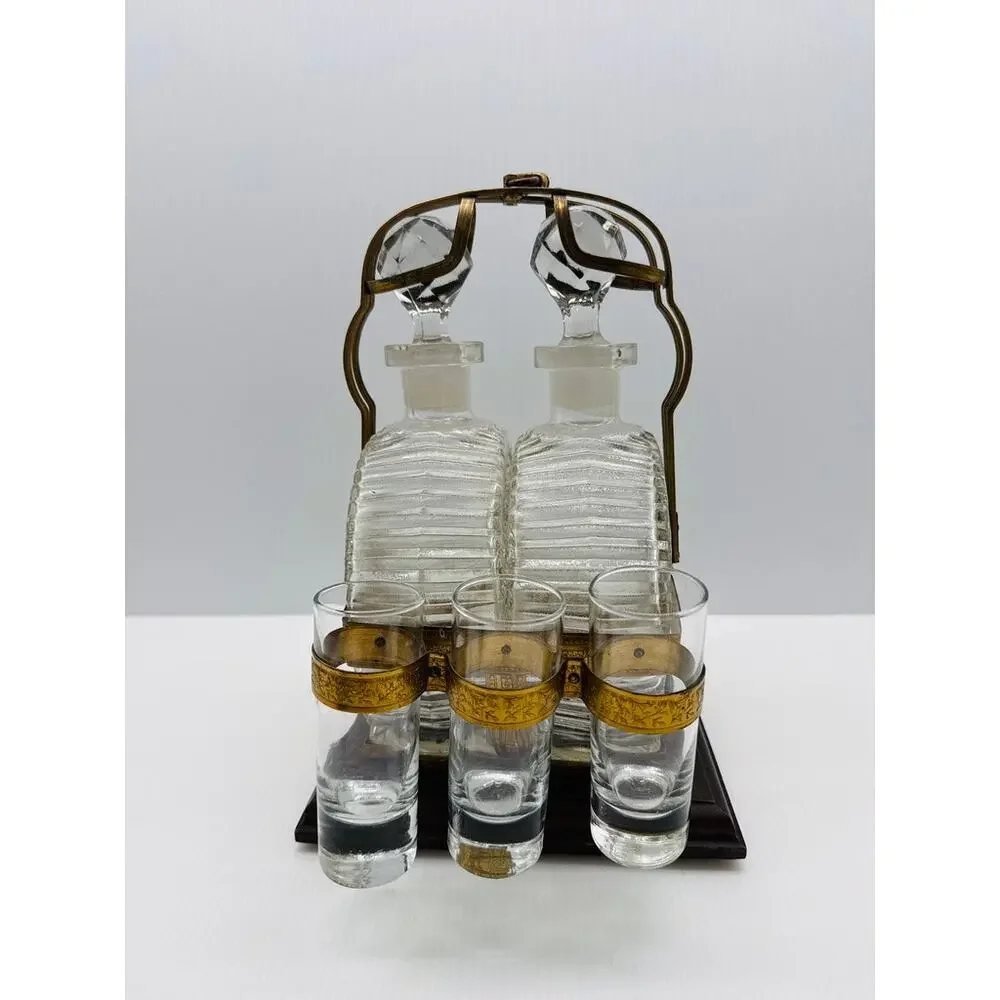 Vintage Cut Glass Decanter Set Brass Holder 6 Shot Glasses Wooden Base Barware